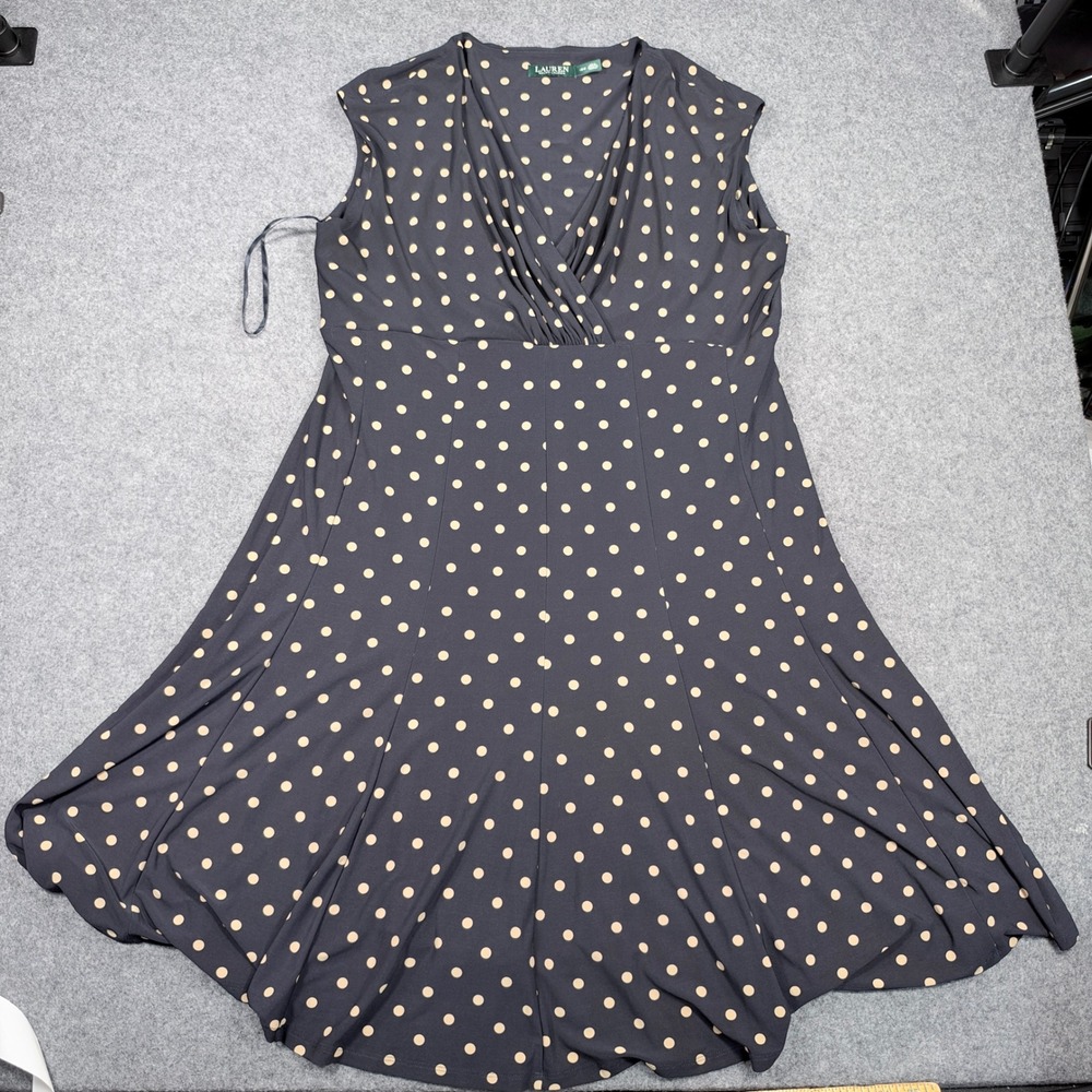 Lauren Ralph Lauren Navy Tan Polka Dot Surplice V-Neck Sleeveless Dress 18W